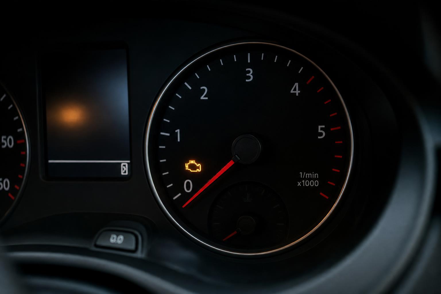 Autó műszerfala világító sárga motorhiba-visszajelző ikonnal, befecskendezési problémára utaló hibajelenségként