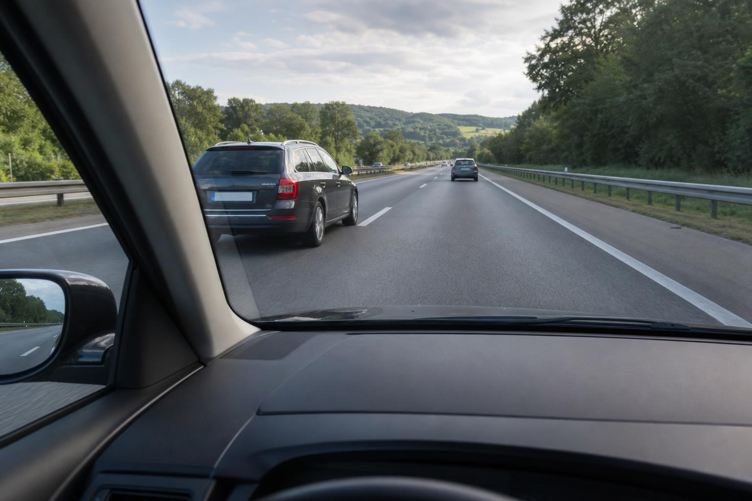 Autópályán előzés után a jobb oldali sávba való biztonságos visszasorolás helyzete