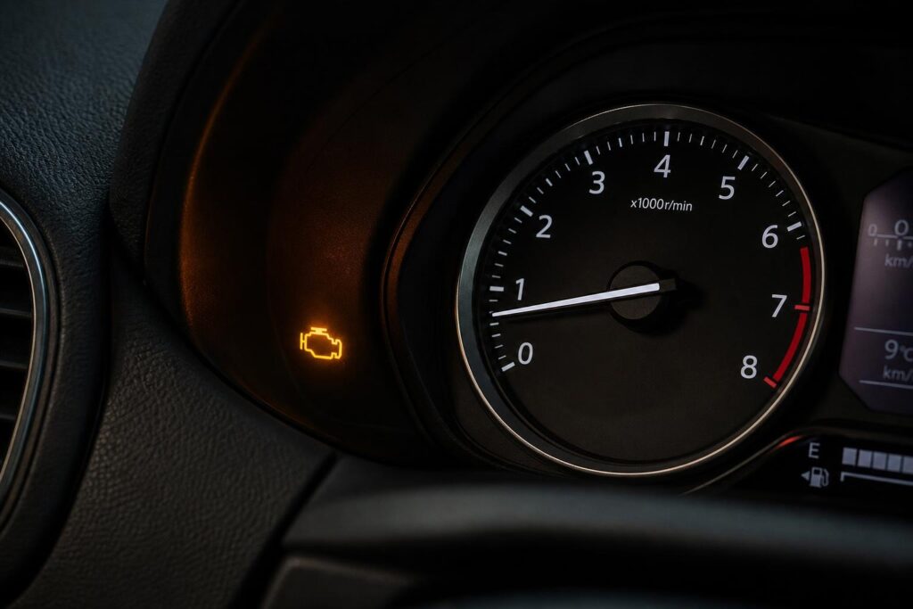 Benzines autó műszerfala világító motorhiba-jelző ikonnal tankolás utáni nehéz indítás esetén