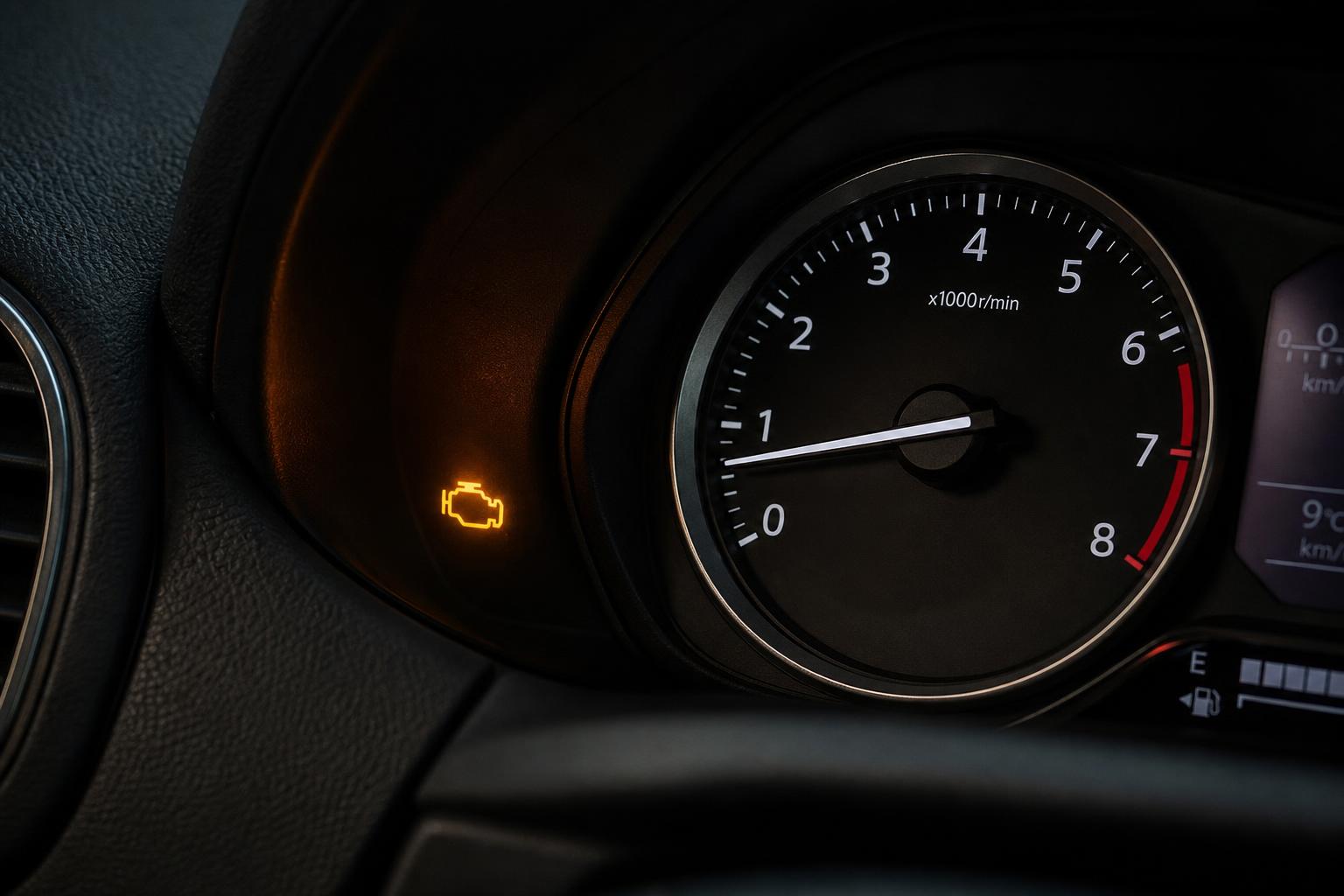 Benzines autó műszerfala világító motorhiba-jelző ikonnal tankolás utáni nehéz indítás esetén