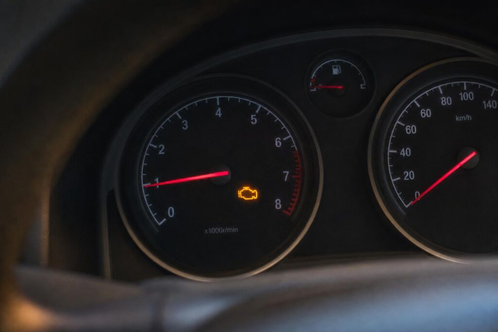 Autó műszerfala hidegindítás utáni motorhibát jelző, világító motorhiba-piktogrammal