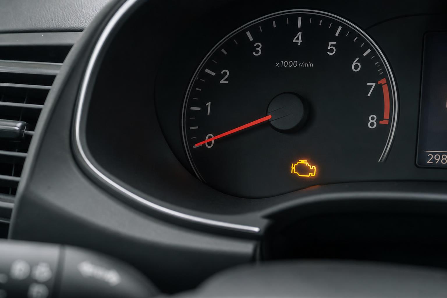Autó műszerfala világító motorhiba-jelző ikonnal benzinszag és lehetséges üzemanyaghiba témájához