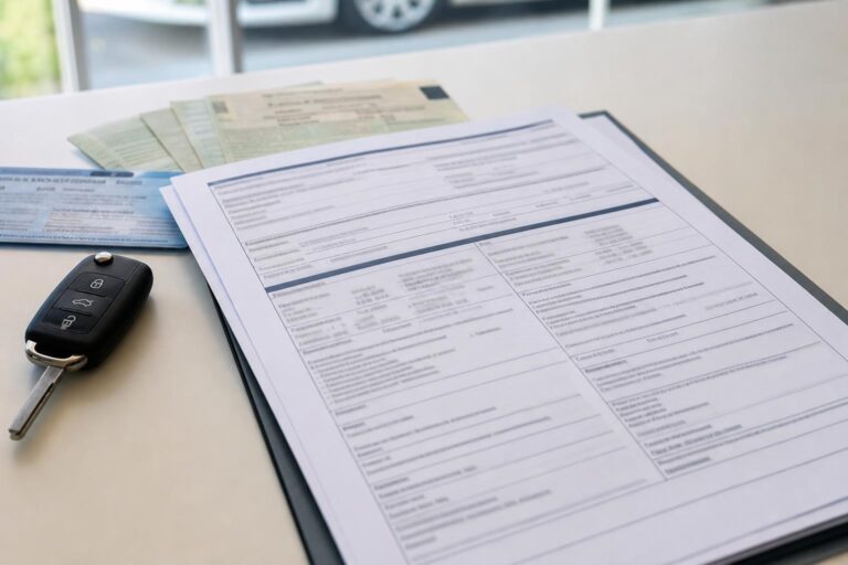 Autó biztosítási kötvénye járműkulccsal és forgalmi engedéllyel egy asztalon