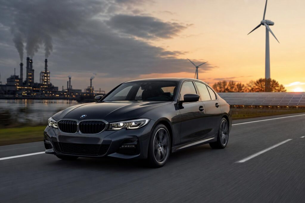 Modern BMW 3-as limuzin országúton, a háttérben az elektromos átállás hangulatával