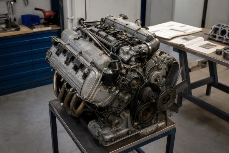 Régi BMW V8-as motor műhelyben, szerelési dokumentációval