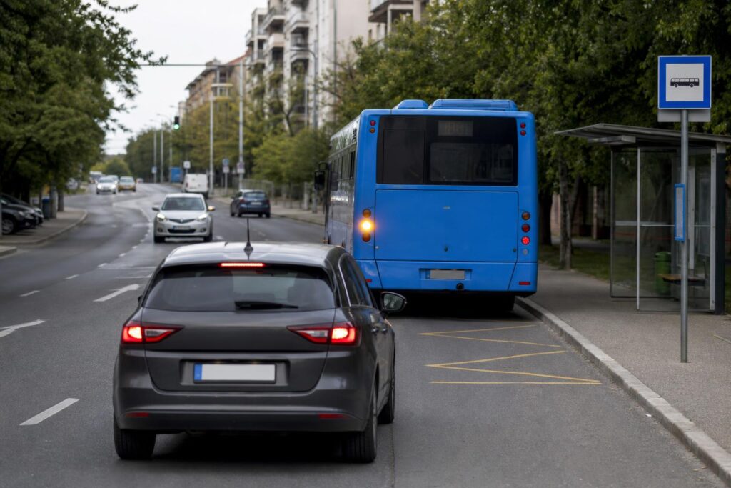 Városi autóbusz indul el a megállóból bekapcsolt irányjelzővel, miközben a mögötte érkező személyautó biztonságosan lassít.