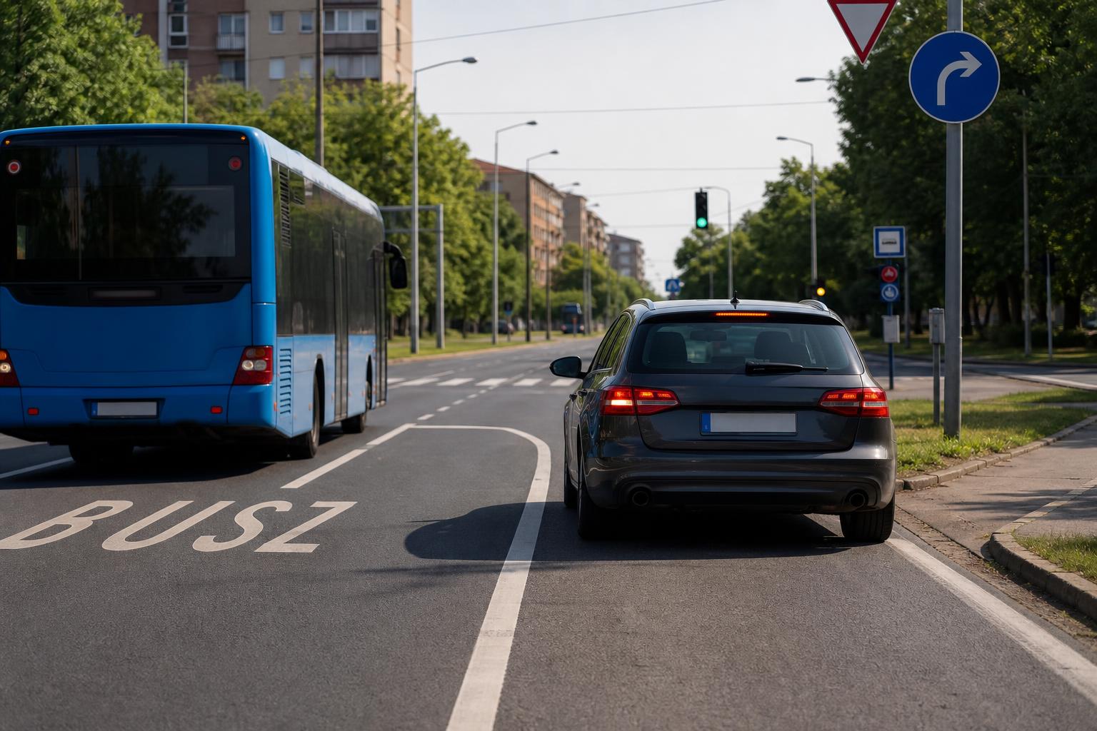 Busz halad kijelölt buszsávban, miközben egy személyautó a mellette lévő sávból jobbra kanyarodásra készül