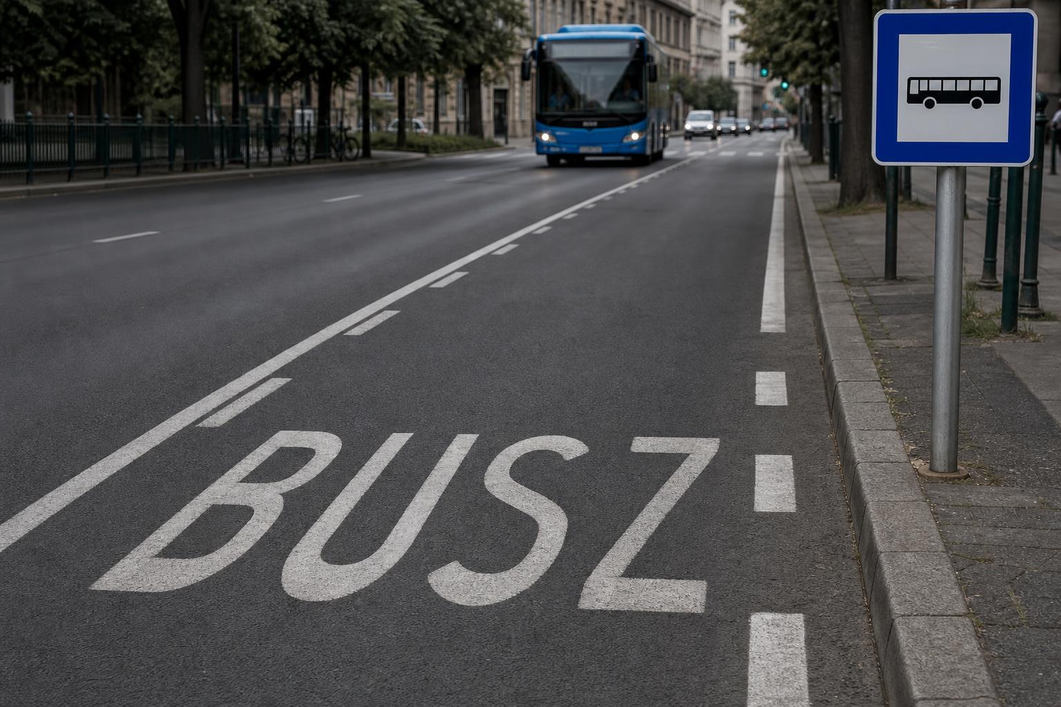 Magyar városi úton kijelölt buszsáv BUSZ útburkolati jellel és buszsávot jelző táblával