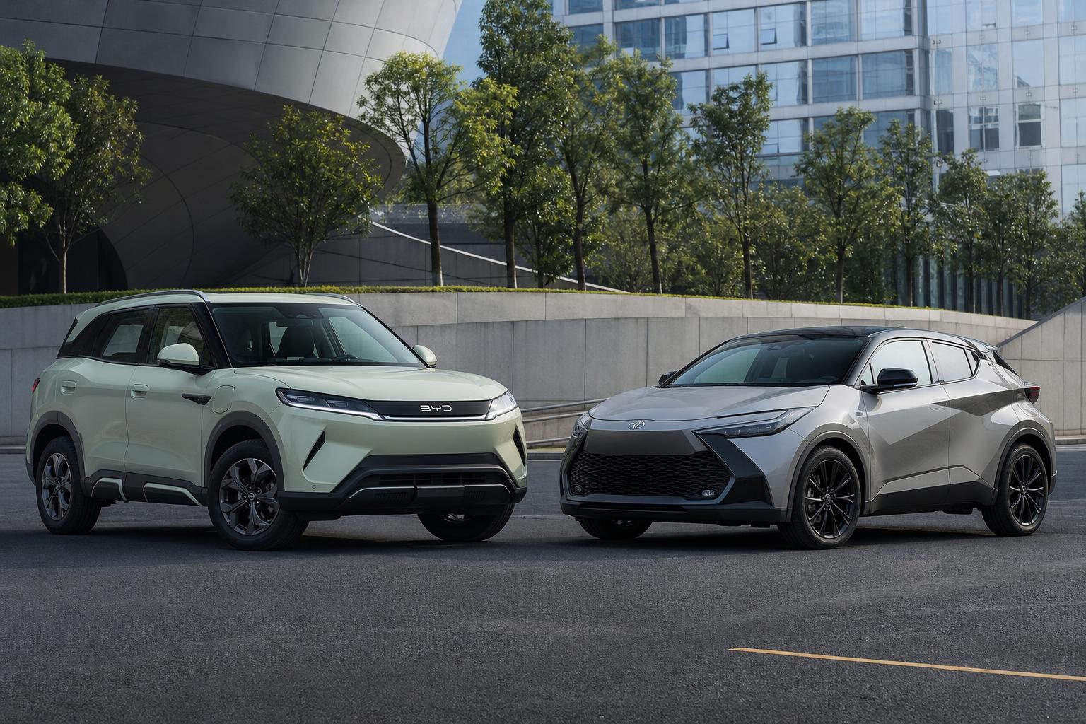 BYD Atto 2 DM-i és Toyota C-HR egymás mellett egy összehasonlító autós képen
