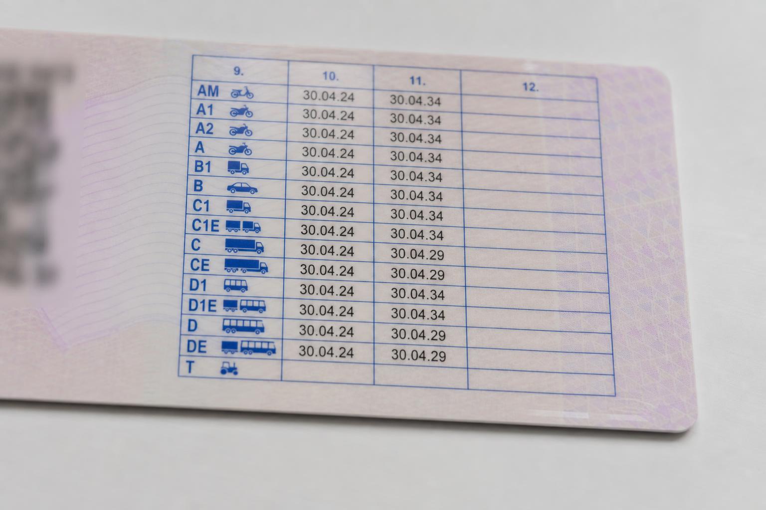 Vezetői engedély hátoldala a C és D kategória érvényességi adataival