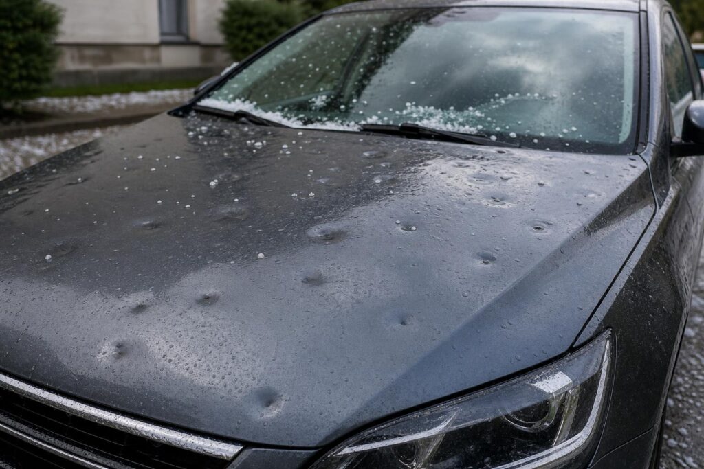 Jégeső után parkoló autó enyhe karosszériasérülésekkel, a casco biztosítás témájához kapcsolódóan