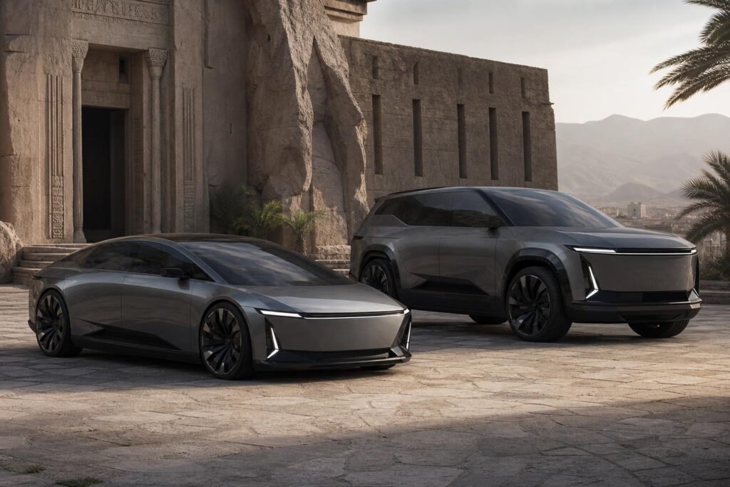 A futurisztikus Ceer Exobot elektromos limuzin és SUV egymás mellett