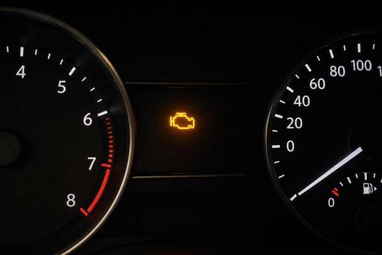 Világító sárga check engine motorhiba-jelző lámpa egy autó műszerfalán