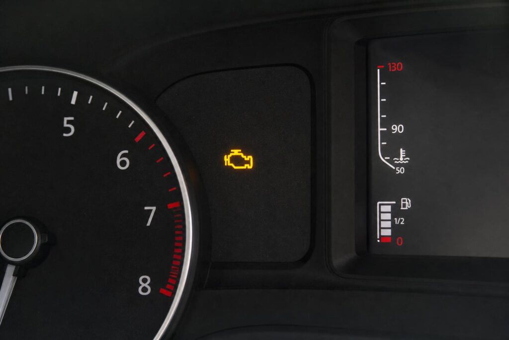 Autó műszerfala világító sárga check engine motorhiba-jelző ikonnal