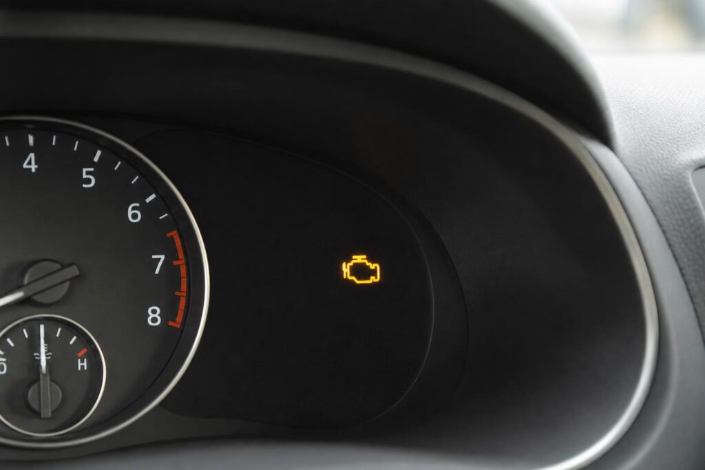 Autó műszerfalának közeli képe világító sárga check engine motorhiba-jelzéssel