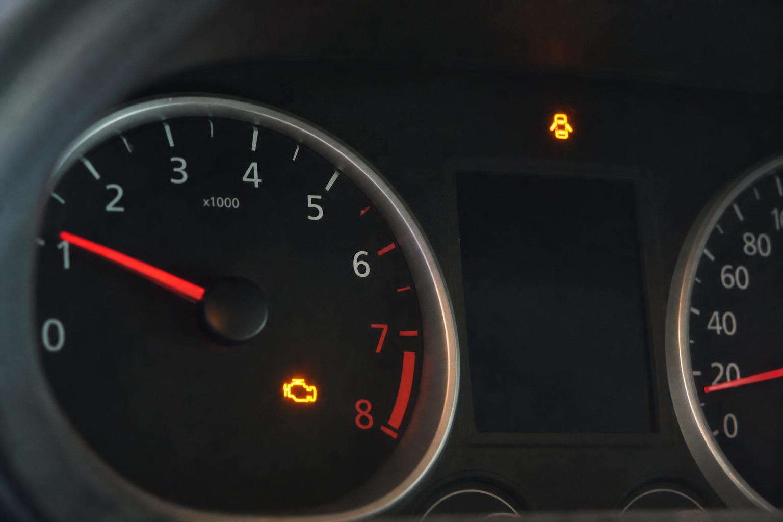 Autó műszerfalának közeli képe világító sárga check engine motorhiba-jelzéssel