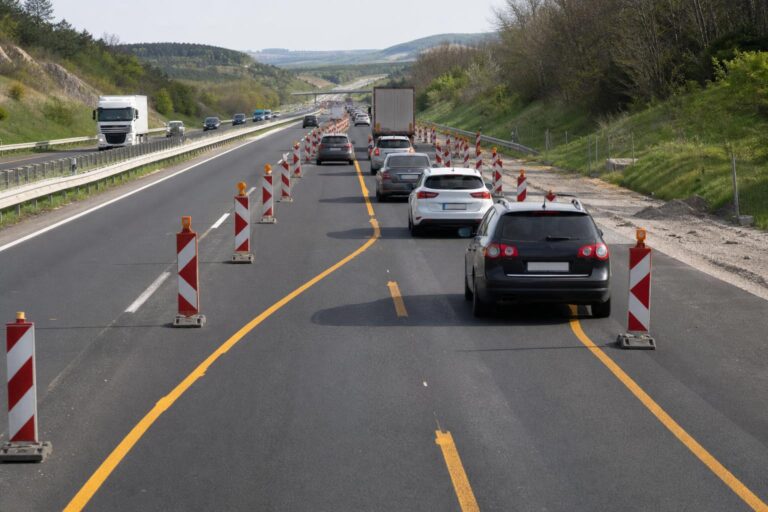 Autópályás terelésnél cipzárelv szerint egyesülő forgalmi sávok bójákkal és ideiglenes útburkolati jelekkel