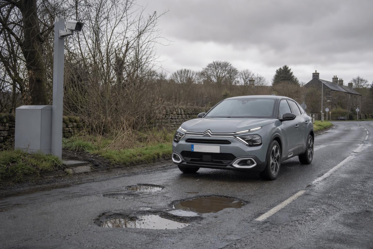 Citroën egy kátyús brit úton, mesterséges intelligenciás útellenőrzés hangulatával