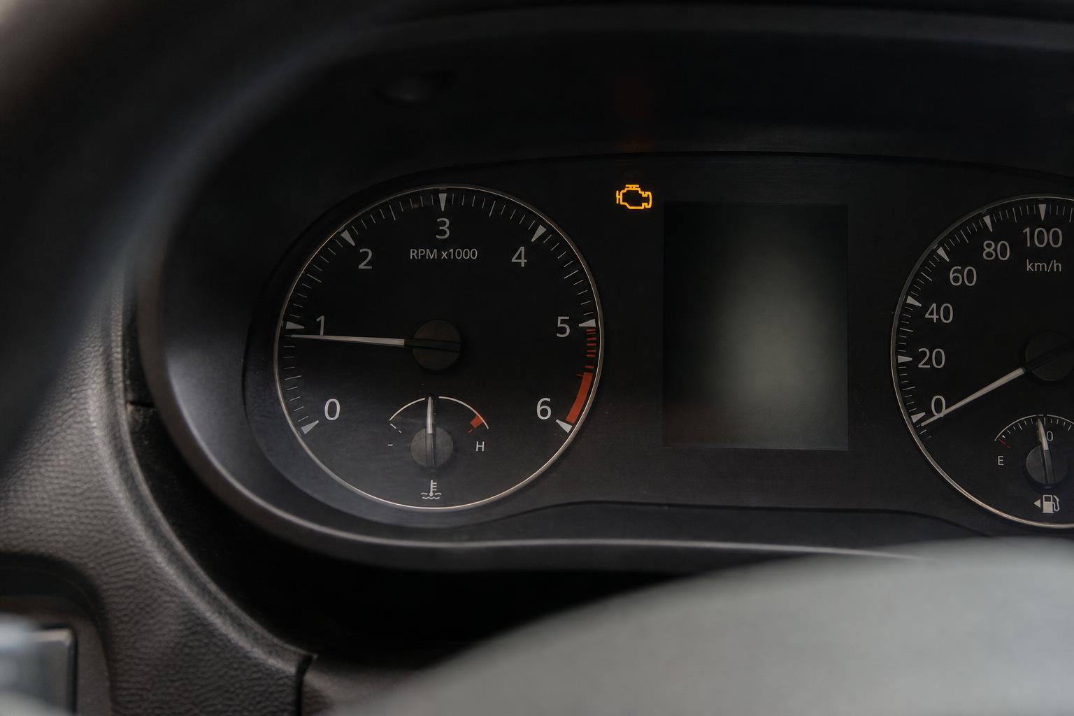 Dízelautó műszerfala világító motorhiba-jelző ikonnal common rail nyomáshiba esetére