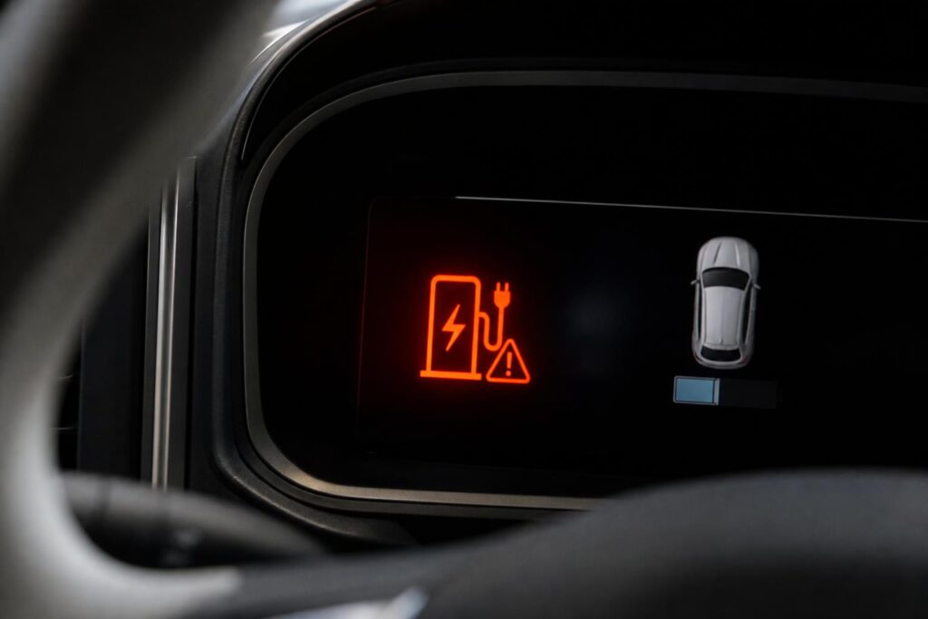 Elektromos autó műszerfala töltési hibajelzéssel, miközben a DC gyorstöltés nem indul