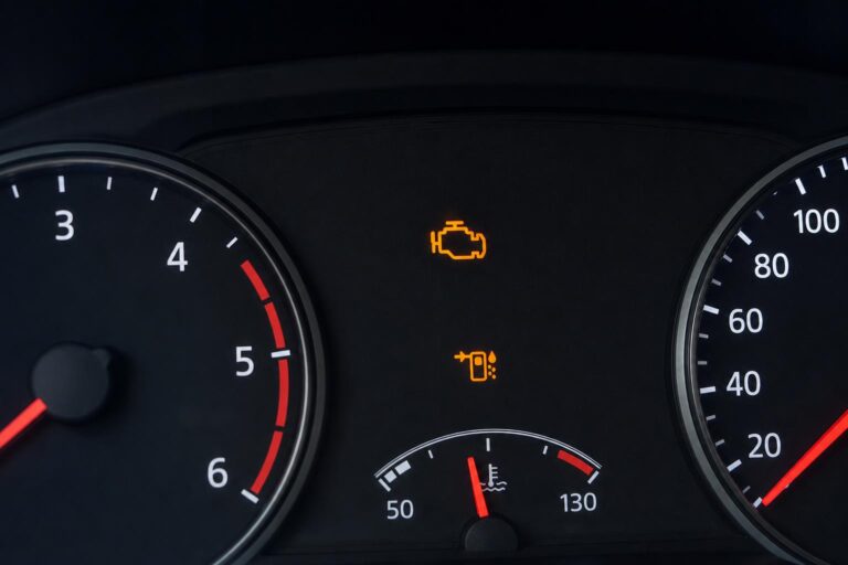 Dízelautó műszerfala világító motorhiba-jelzéssel, amely üzemanyagrendszeri problémára is utalhat