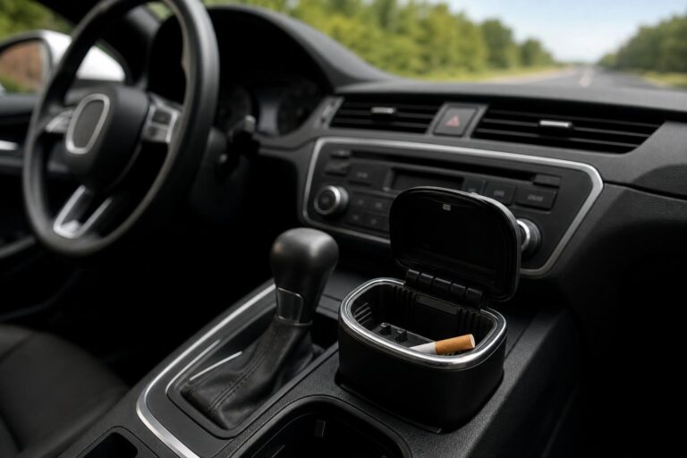 Cigaretta és hamutartó egy autó középkonzolján, a háttérben a kormány és az út látható