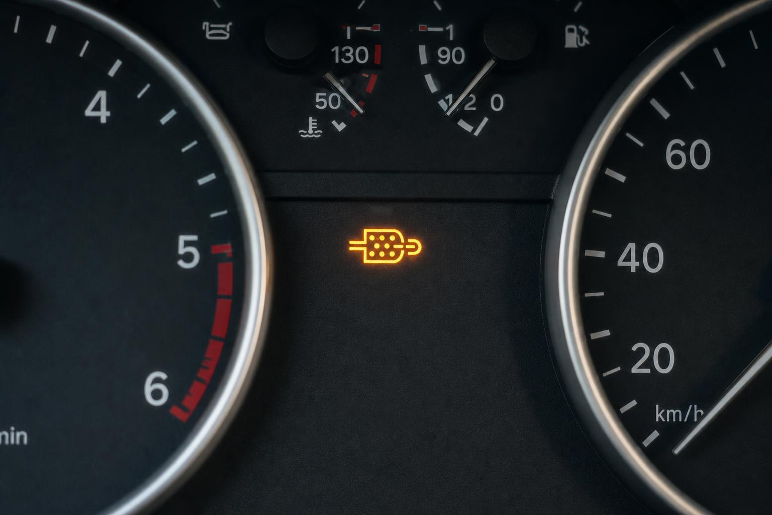 Autó műszerfala világító részecskeszűrő, azaz DPF figyelmeztető ikonnal