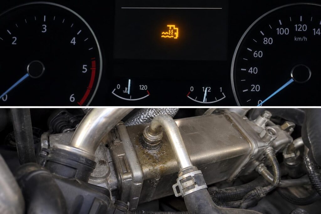 EGR-hűtő szivárgásának nyomai egy dízelmotor motorterében