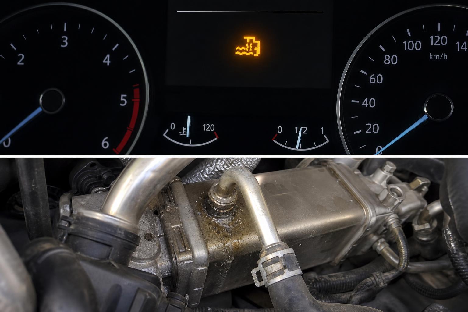 EGR-hűtő szivárgásának nyomai egy dízelmotor motorterében