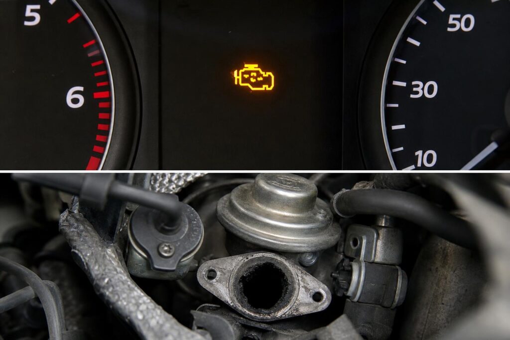 EGR szelep és a hozzá kapcsolódó szívórendszer egy autó motorterében, enyhe koromlerakódással