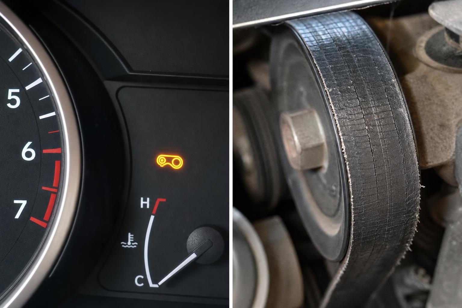 Repedezett és kopott bordásszíj az autó motorterében, láthatóan rojtos szélekkel