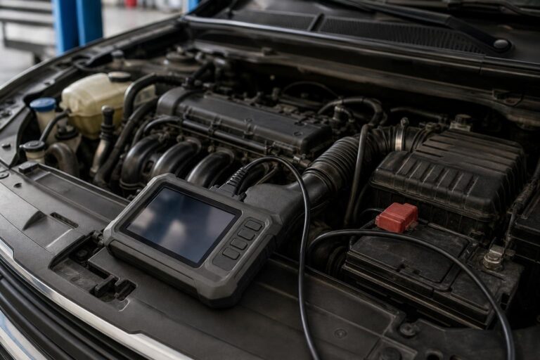 Használtautó motorházteteje mellett diagnosztikai műszer egy vásárlás előtti átvizsgálás során