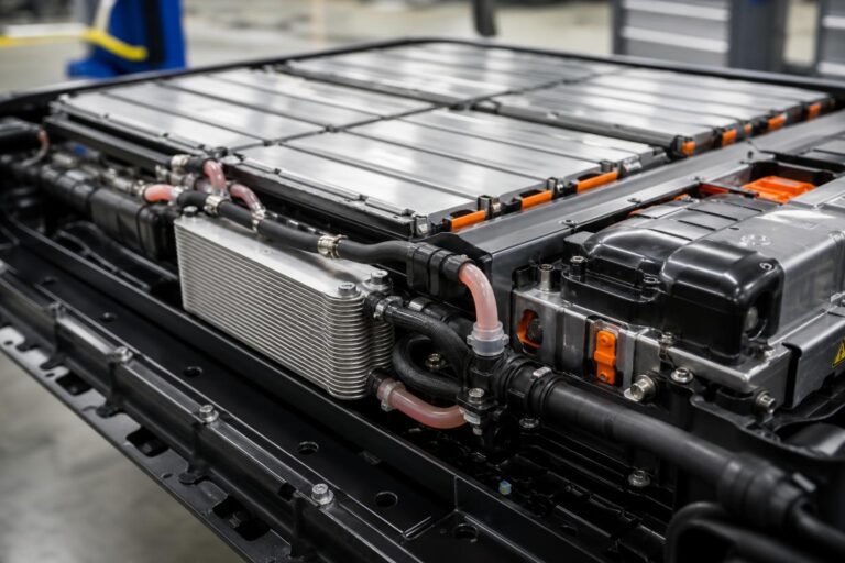 Elektromos autó akkumulátorának hűtőrendszere hűtőcsövekkel és hőcserélővel