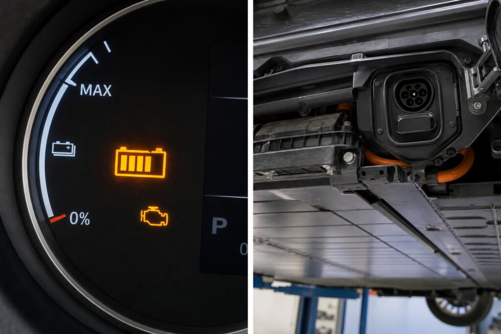 Elektromos autó akkumulátorcsomagja és töltőcsatlakozója közeli fotón