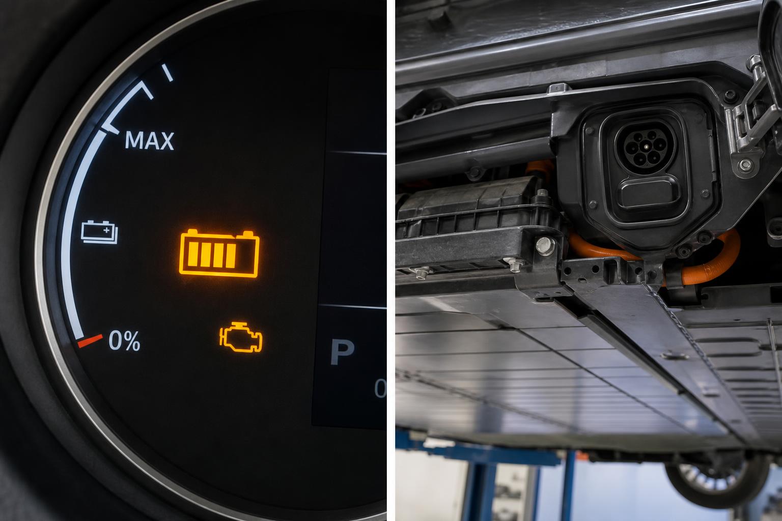 Elektromos autó akkumulátorcsomagja és töltőcsatlakozója közeli fotón