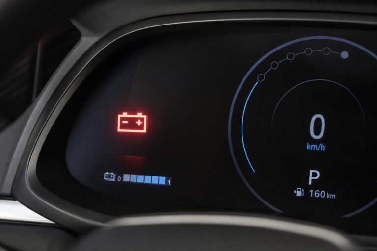 Elektromos autó műszerfalának közeli képe akkumulátor-figyelmeztető ikonnal