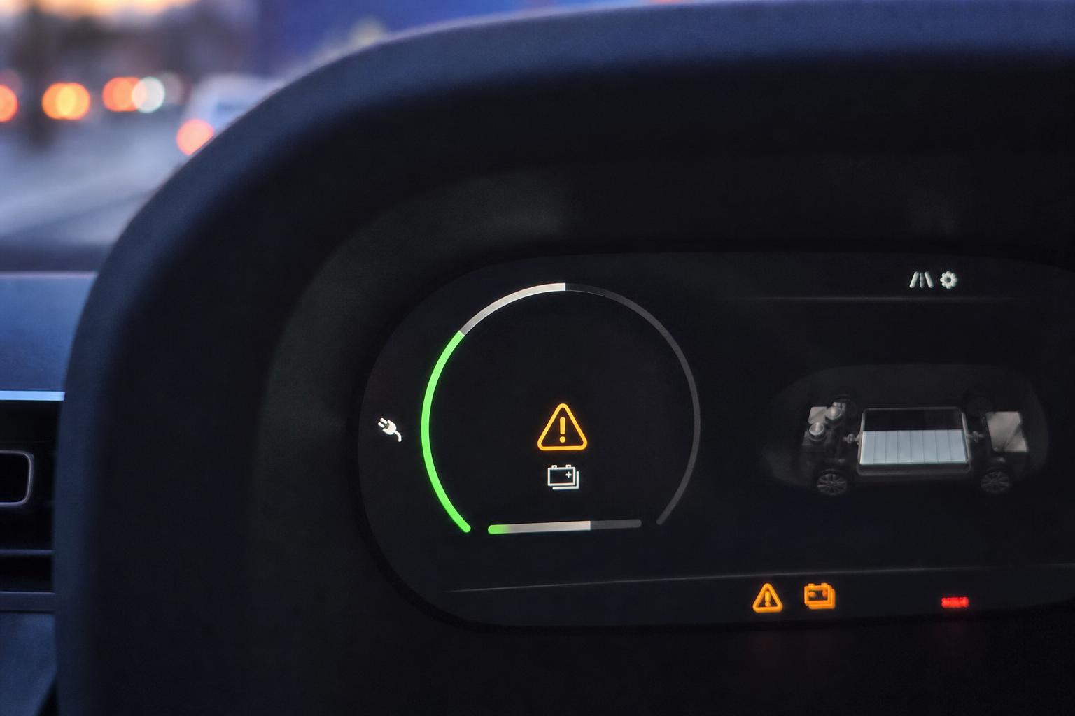 Elektromos autó műszerfala megnövekedett fogyasztásra utaló hajtásrendszeri figyelmeztető ikonnal
