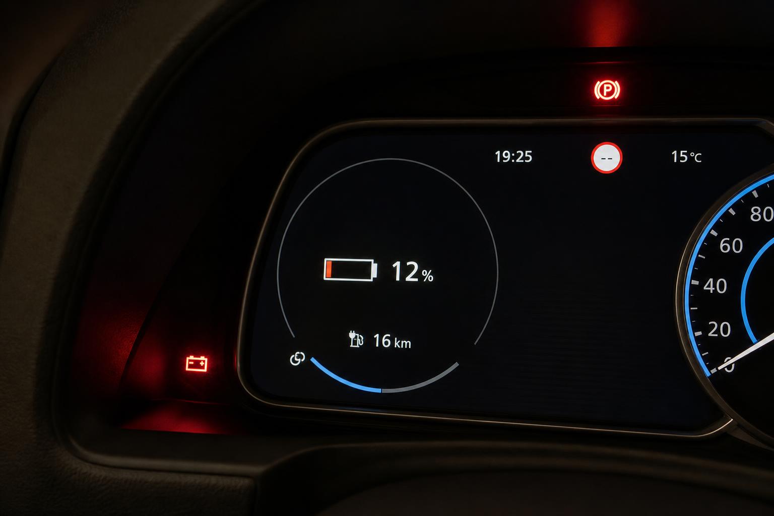 Elektromos autó műszerfala csökkent hatótávot és akkumulátorfigyelmeztetést jelez