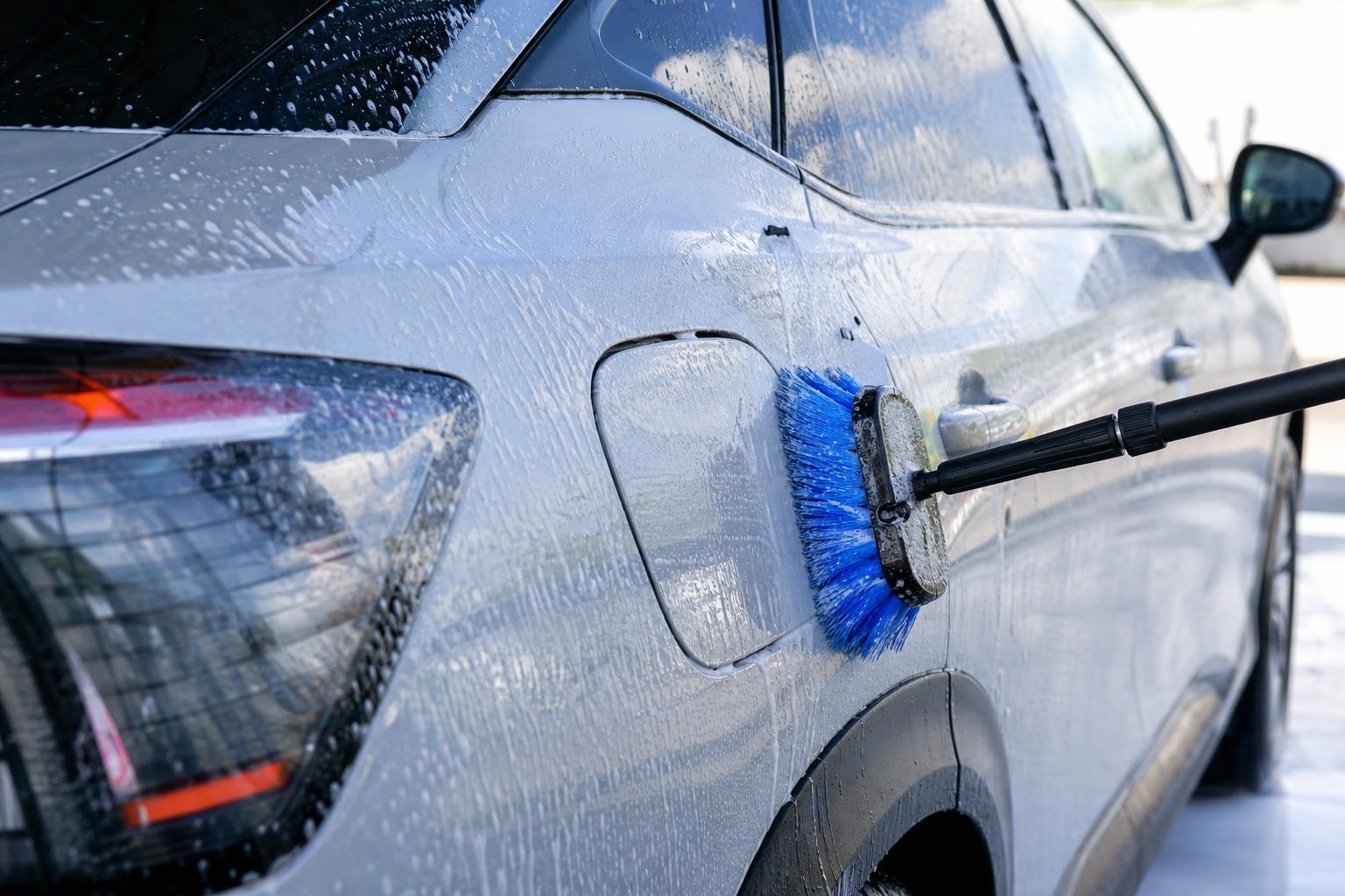 Elektromos autó mosása zárt töltőcsatlakozóval és habos vízzel