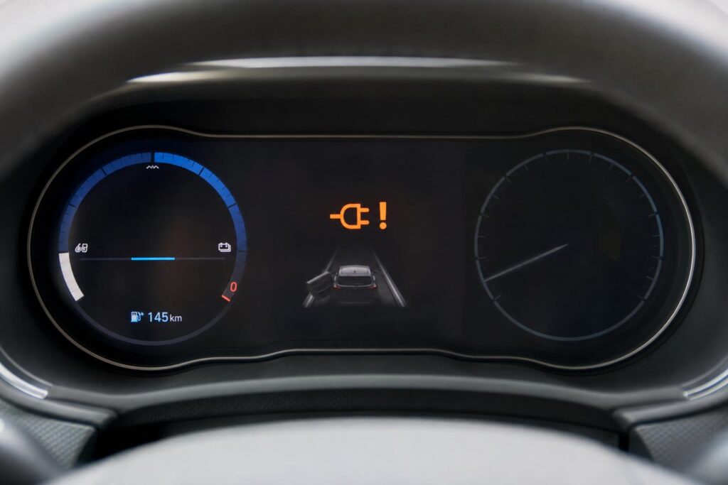 Elektromos autó műszerfala töltőrendszerre utaló gyári figyelmeztető ikonnal