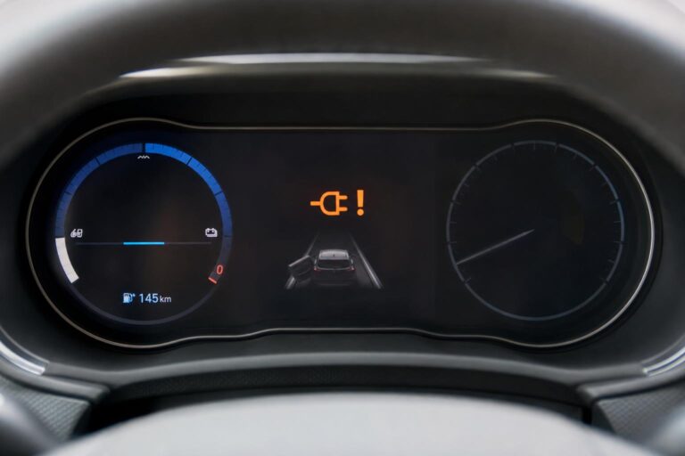 Elektromos autó műszerfala töltőrendszerre utaló gyári figyelmeztető ikonnal