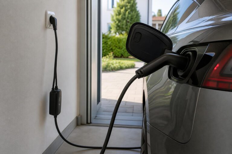 Elektromos autó töltőkábele földelt otthoni konnektorhoz csatlakoztatva garázsban