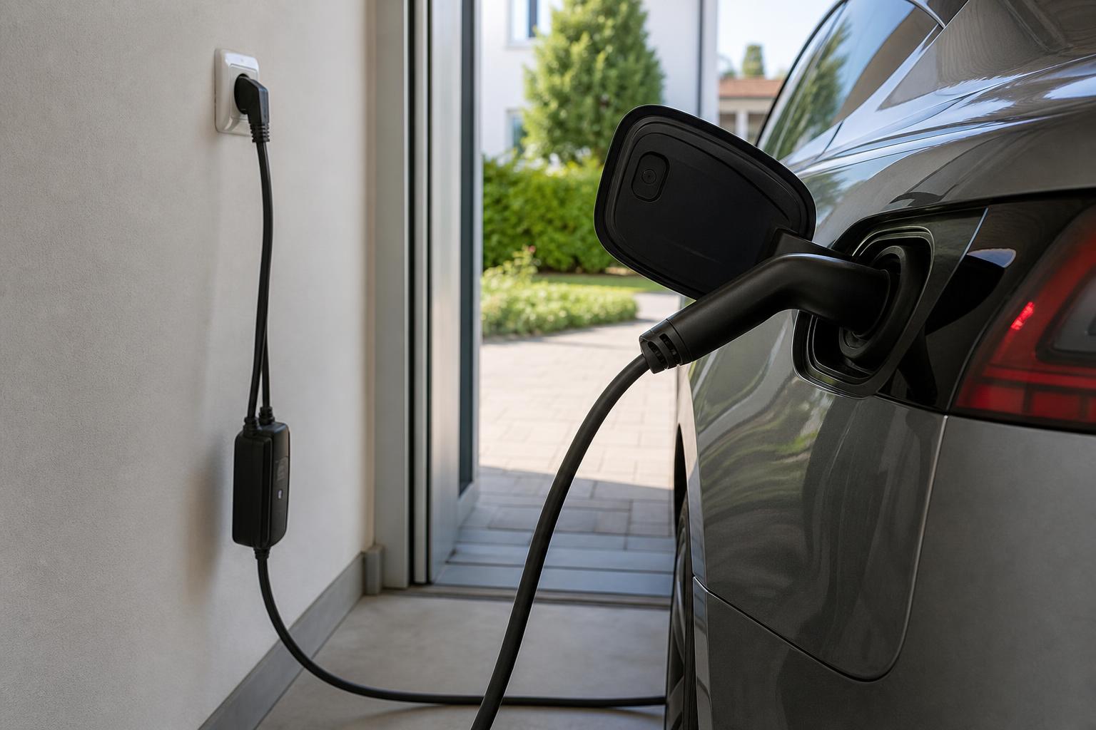 Elektromos autó töltőkábele földelt otthoni konnektorhoz csatlakoztatva garázsban