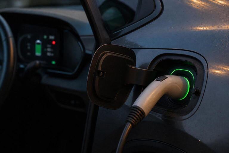 Elektromos autó töltőcsatlakozója csatlakoztatott kábellel, háttérben a töltési állapotot jelző műszerfal