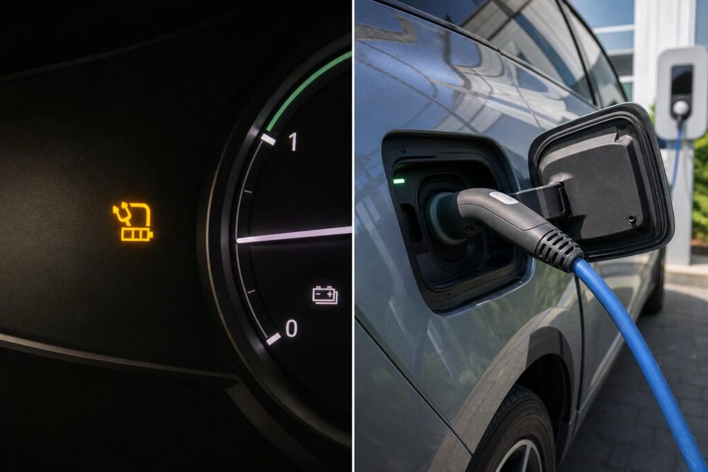Elektromos autó töltőcsatlakozója töltőkábellel vásárlás előtti ellenőrzés közben