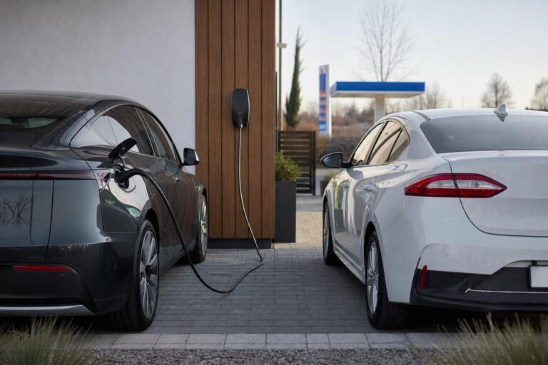 Elektromos autó és hibrid autó egymás mellett töltési lehetőséggel