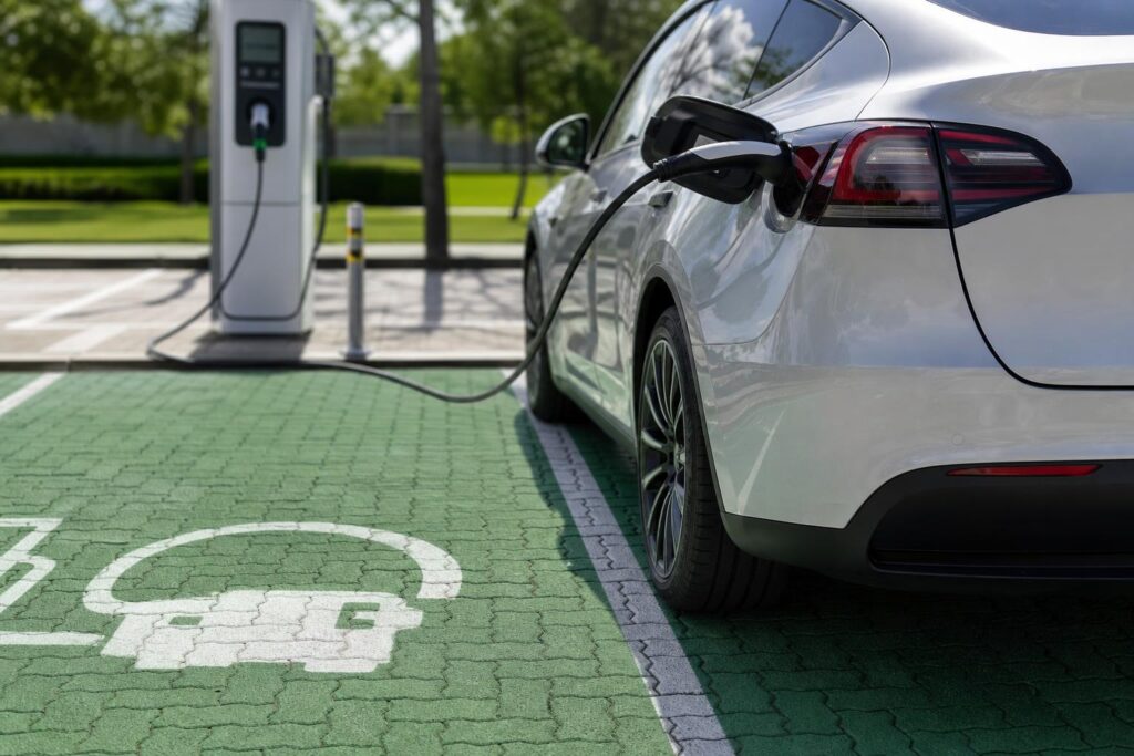 Elektromos autó szabályosan parkolva kijelölt töltőhelyen, csatlakoztatott töltőkábellel