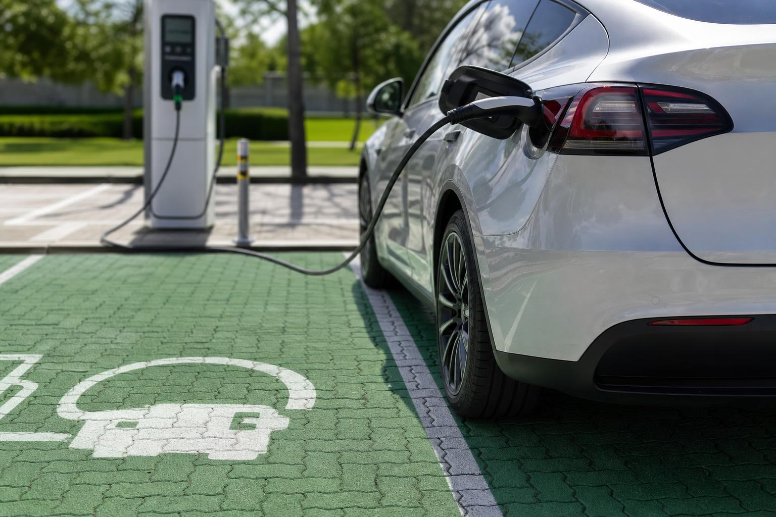 Elektromos autó szabályosan parkolva kijelölt töltőhelyen, csatlakoztatott töltőkábellel