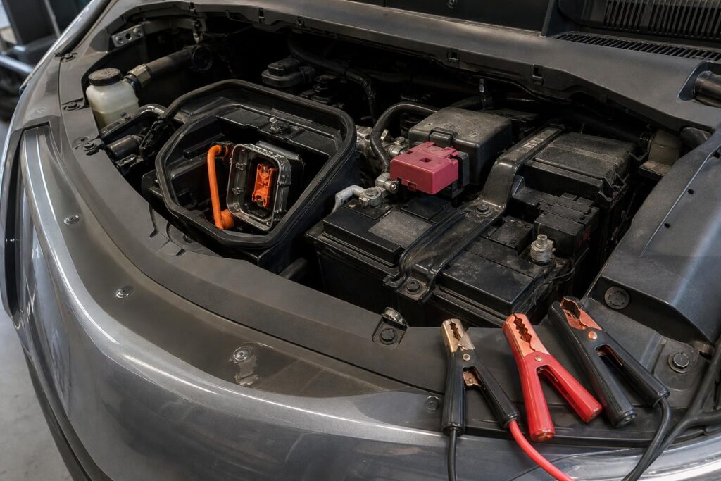 Elektromos autó 12 voltos akkumulátorának és indítássegítő csatlakozási pontjának közeli képe