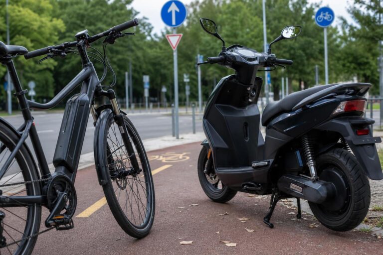 Pedálrásegítéses elektromos kerékpár és elektromos segédmotor egymás mellett kerékpárút melletti útszakaszon